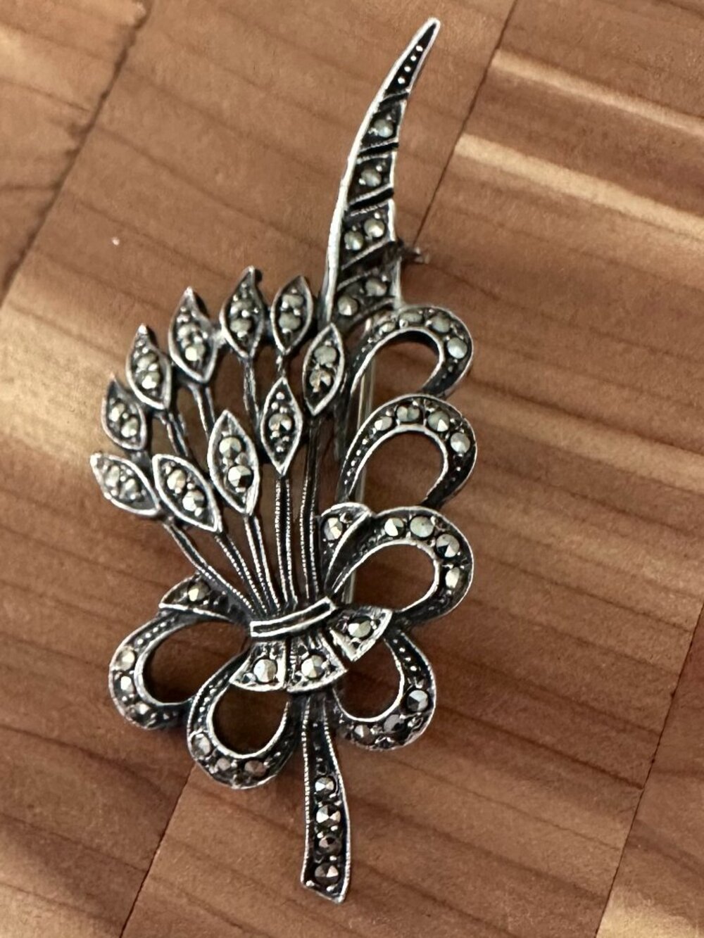 Vintage Sterling Silver Marcasite Wheat Sheath Bow Brooch Pin